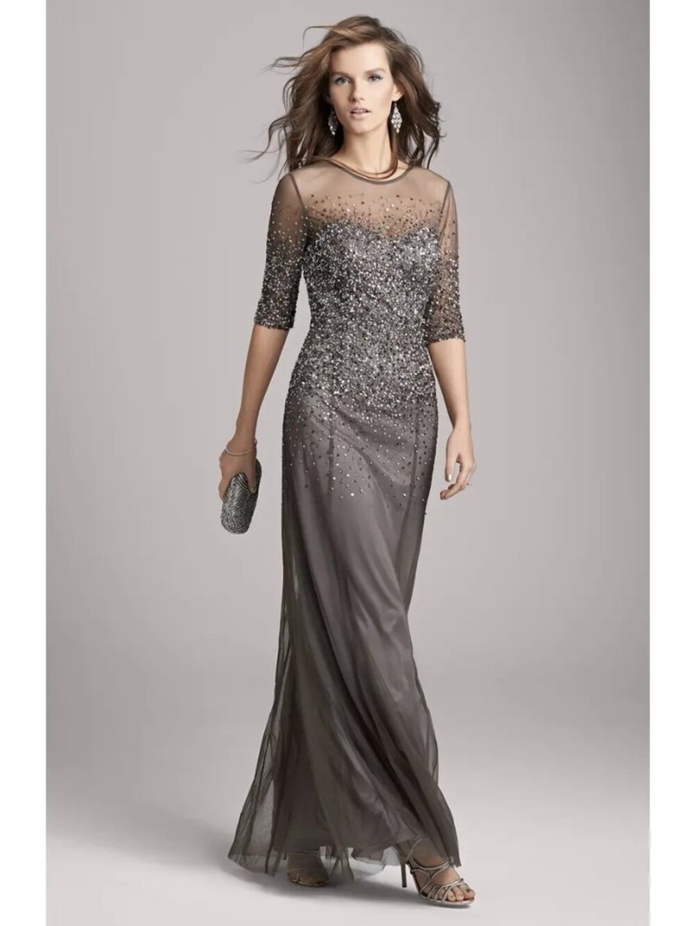 Beaded Illusion Bodice Mesh Gown in Lead